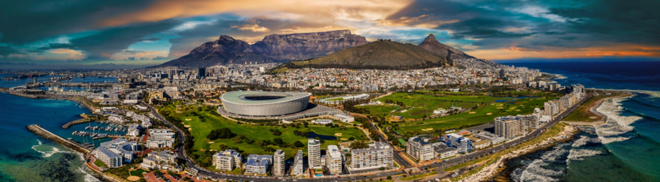 sunset aerial view of Cape Town city in Western Cape province in South Africa