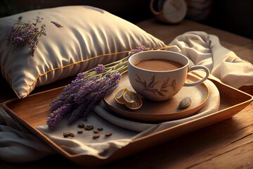 A saucer with a cup of coffee, pillow, and lavenders on a wooden tray with a pillow. Generative AI