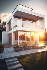 Exterior image of a new modern house with large windows with a garden in a rural area under the beautiful sky - Generative AI