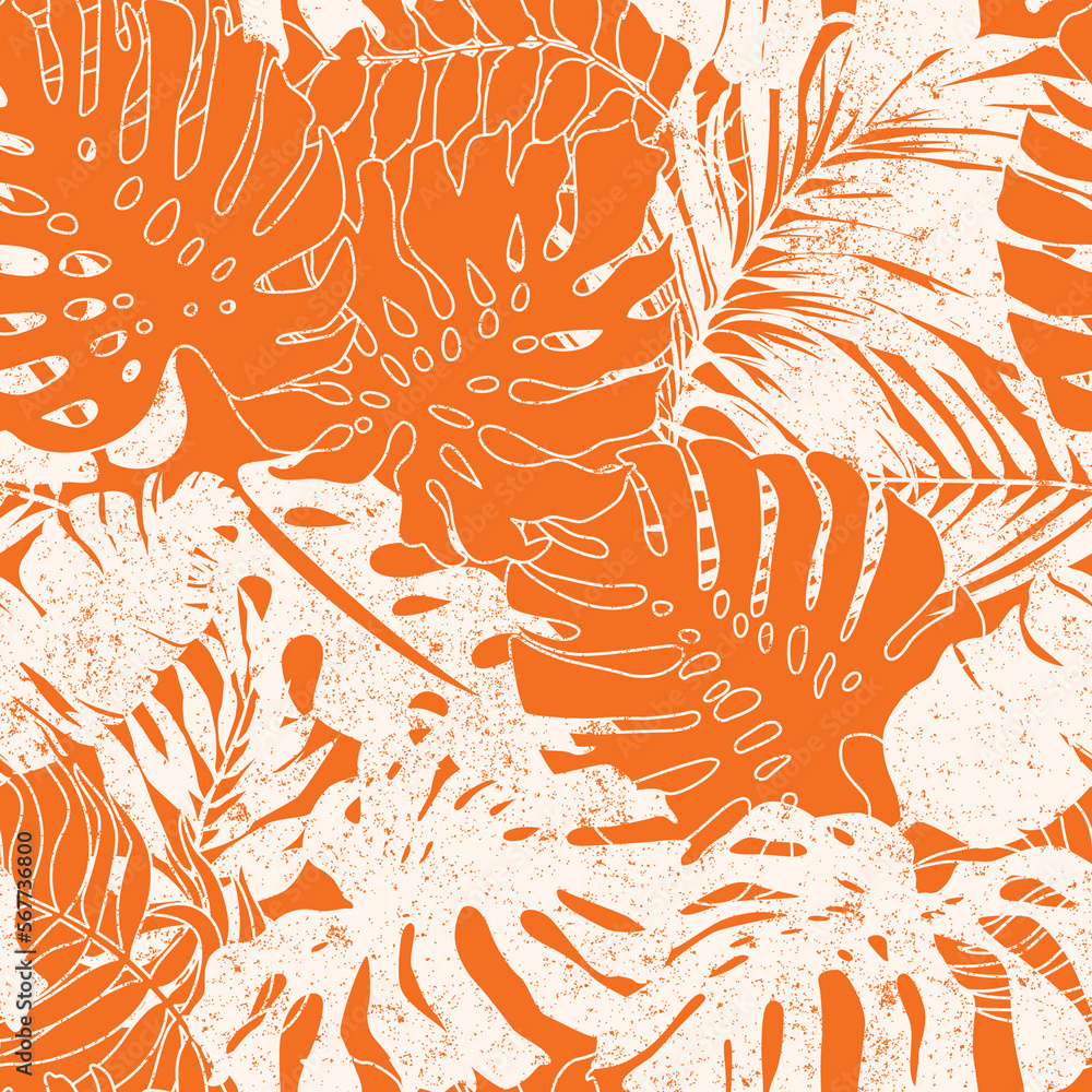 Sticker orange tropical monstera and palm leaves wallpaper abstract vector seamless pattern grunge effect in