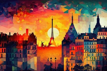 Oil painting, summer in Paris. city landscape. Vivid colors. Eiffel Tower, France, wallpaper. Modern Art - Generative AI - obrazy, fototapety, plakaty