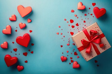 Love-Filled Valentine's Day Background with Gift Box and Red Hearts - Flat Lay Style 3. Generative AI.