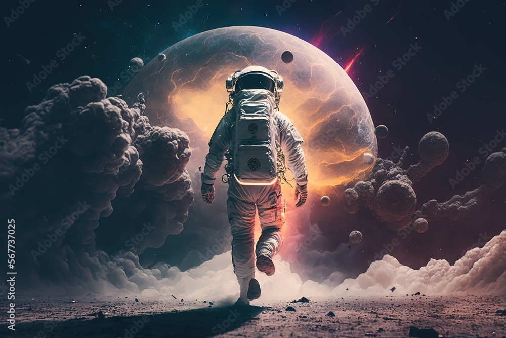 Canvas Prints an astronaut walks in his space suit on a distant planet. outer space - generative ai