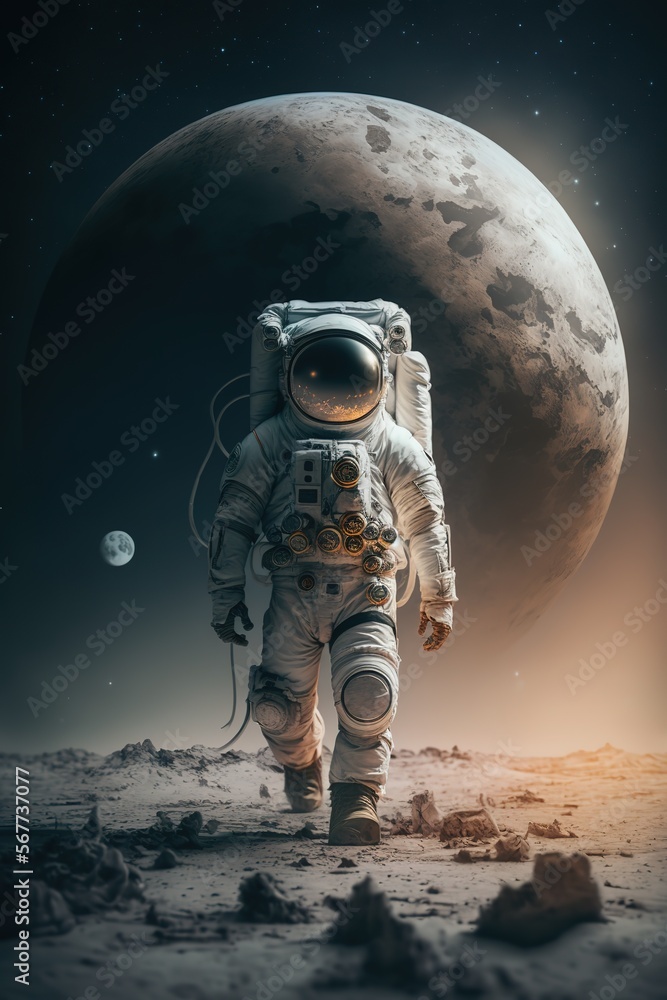 Wall mural an astronaut walks in his space suit on a distant planet. outer space