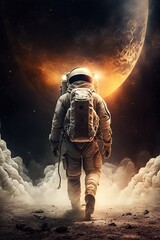 An astronaut walks in his space suit on a distant planet. Outer space - Generative AI