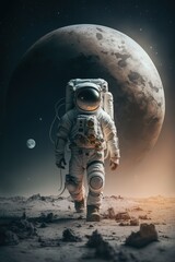 An astronaut walks in his space suit on a distant planet. Outer space - obrazy, fototapety, plakaty