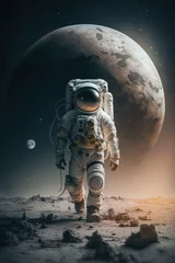 Foto op Canvas An astronaut walks in his space suit on a distant planet. Outer space © losmostachos