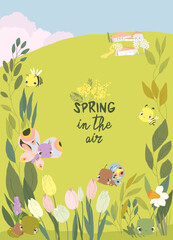 Cartoon Frame with Cute Baby Insects, Spring Flowers and Plants