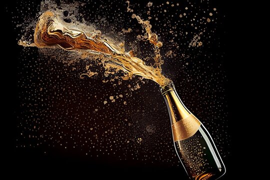 Popping Champagne Bottle with a Golden Liquid Spray. Generative AI