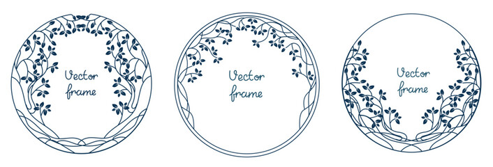 Set of Beautiful round vintage frames with space for text in vintage style from lines and leaves. Hand drawn lines for wedding invitations or greeting cards, social media wallpapers.