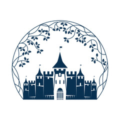 Vector emblem with a medieval castle and floral weaving of lines and leaves. Medieval architecture. Vintage and floral emblem.