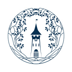 Vector emblem with a medieval tower and floral weaving of lines and leaves. Medieval architecture. Vintage and floral emblem.