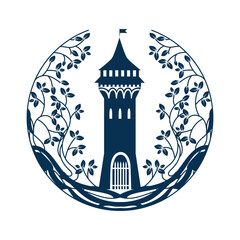Vector emblem with a medieval tower and floral weaving of lines and leaves. Medieval architecture. Vintage and floral emblem.