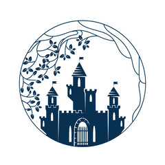 Fototapeta premium Vector emblem with a medieval castle and floral weaving of lines and leaves. Medieval architecture. Vintage and floral emblem.