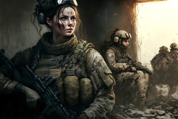 Fototapeta premium Fictional woman in modern combat gear ai generative