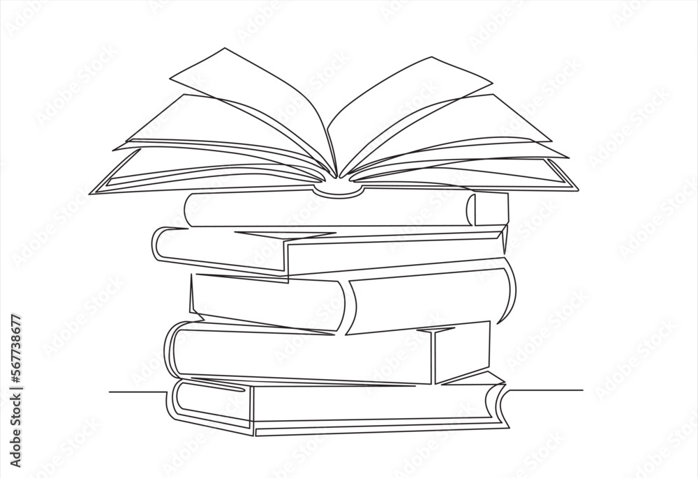 Aufkleber continuous one line drawing of books stack minimalist vector design on white background. isolated si