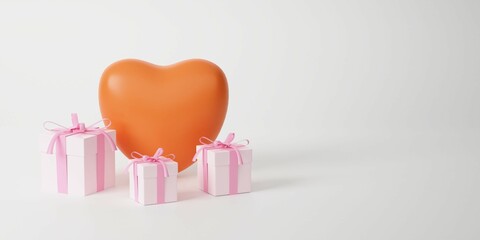 Happy Valentine's Day Banner Greeting Card Big Heart Shape and Gift Box 3D Rendering