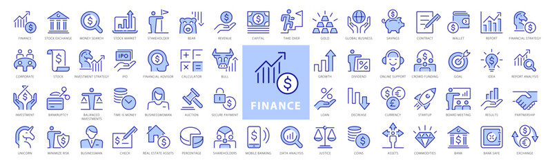 Finance line icons set. Money payments elements outline icons collection. Payments elements symbols. Money, Stock Market, Savings, Investment, Unicorn, Currency, Revenue - stock vector - obrazy, fototapety, plakaty
