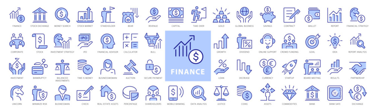 Finance line icons set. Money payments elements outline icons collection. Payments elements symbols. Money, Stock Market, Savings, Investment, Unicorn, Currency, Revenue - stock vector