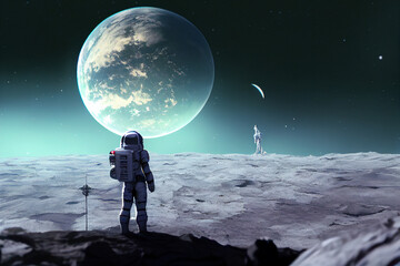 An astronaut standing on the moon looking at the earth