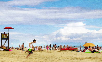 Fototapeta na wymiar Ilustracja grafika ludzie na plaży na tle pięknego nieba