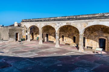 A view down into the courtyard of the Castle of San Cristobal in San Juan, Puerto Rico on a bright...