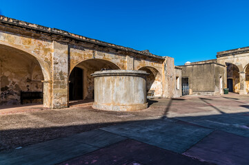 A view across the courtyard of the Castle of San Cristobal in San Juan, Puerto Rico on a bright...