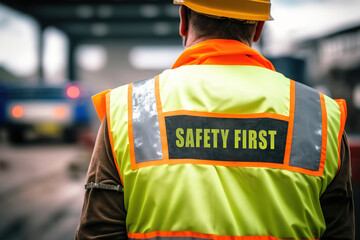 A worker or signaler man is wearied reflective vest uniform with background of construction site, Safety in industrial workplace concept. Generative Ai image.