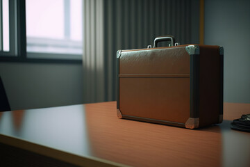 A luxury briefcase is placed on the office working room, business working equipment object. Generative Ai image.
