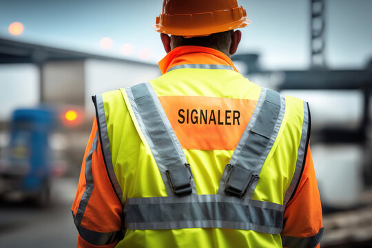 A worker or signaler man is wearied reflective vest uniform with background of construction site, Safety in industrial workplace concept. Generative Ai image.