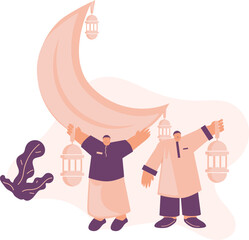Two fat men celebrating Eid al-Fitr are standing with a hanging lamp decorated with a moon decoration behind them
