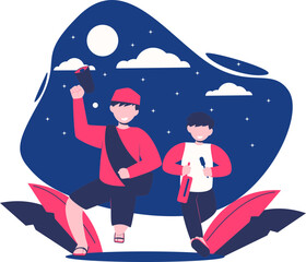 Fototapeta premium two boys wearing white and red clothes are waking people up to eat sahur in the holy month of Ramadan 