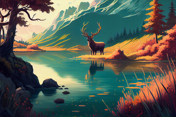 A digital painting of deer in fantasy landscape
