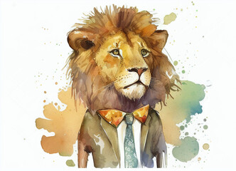 Safari Animal Funny Friendly Lion in Suite for kids Satercolor Styled. Generative AI