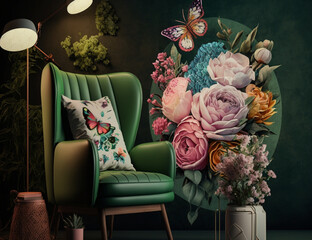 Background with flowers and butterflies on the living room wall like a painting, a bouquet of roses, with a beautiful green chair and illuminated by lights that make the environment modern and comfort