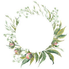 Floral card with peony leaves and buds. Watercolor illustration isolated on white background.