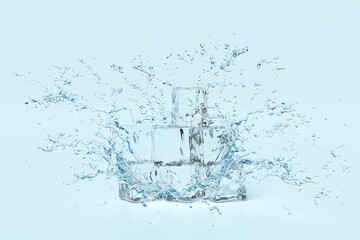 3d ice cubes with water splash transparent, clear blue water scattered around isolated on white background. 3d render illustration