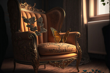 Luxury Antique Golden Brown Chair + butterfly sit on Armchair beside a Plant created with Generative AI technology