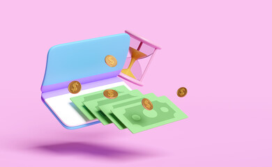 3d bank account book, passbook with money banknote, dollar coin,hourglass isolated on pink background. saving money, financial business, banking payment, 3d render illustration