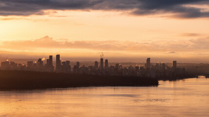 Fototapeta premium Modern City Skyline in Downtown Vancouver, British Columbia, Canada. Golden Winter Sunrise Sky.