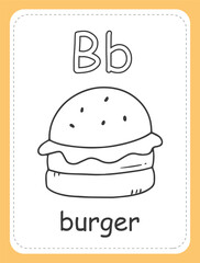 Alphabet coloring book card for children with the letter B and burger. Educational card for kids. The word burger, the English alphabet.