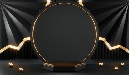 3d render of abstract realistic studio room with Luxury round pedestal stand podium with golden glitter in shape backdrop. Luxury black friday sale scene for product display presentation background