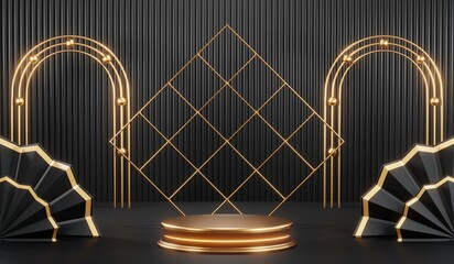 3d render of abstract realistic studio room with Luxury round pedestal stand podium with golden glitter in shape backdrop. Luxury black friday sale scene for product display presentation background