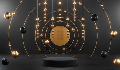 Fototapeta premium 3d render of abstract realistic studio room with Luxury round pedestal stand podium with golden glitter in shape backdrop. Luxury black friday sale scene for product display presentation background