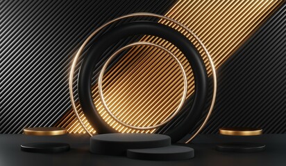 3d render of abstract realistic studio room with Luxury round pedestal stand podium with golden glitter in shape backdrop. Luxury black friday sale scene for product display presentation background