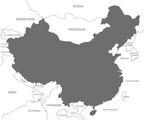 Fototapeta premium Map of China includes border countries, Mongolia, Russia, India, Myanmar, Korea and Vietnam