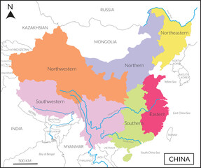 Fototapeta na wymiar Map of People’s republic of China includes four regions, and Lancang (Mekong) River, Amur river, Yangtze river and countries, Mongolia, Russia, India, Myanmar, Korea and Vietnam