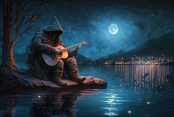 old bard play guitar sing song during full moon night, copy space background wallpaper fantasy theme,  Generative ai