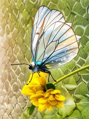 Butterfly on a flower. Butterfly painting on flowers with foliage design background.