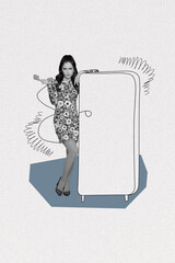 Photo collage artwork minimal picture of unsure lady ordering food empty fridge isolated drawing...